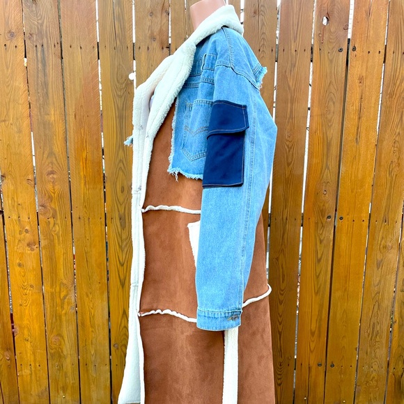 New - Women’s Denim & Faux Suede patch work belted trench coat - Picture 2 of 7